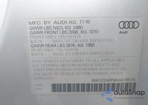 2017 Audi Q5 2.0T Premium z USA, uszkodzony, nr VIN WA1C2AFP8HA078575